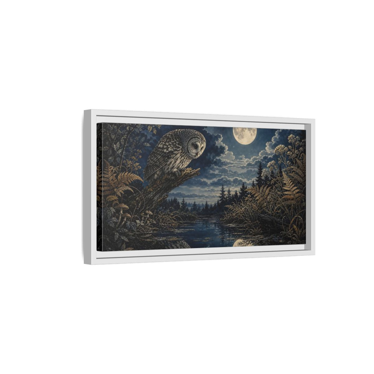 Side Mockup 6. Nature Owl Dark Blue Gold shown as stretched canvas wall art