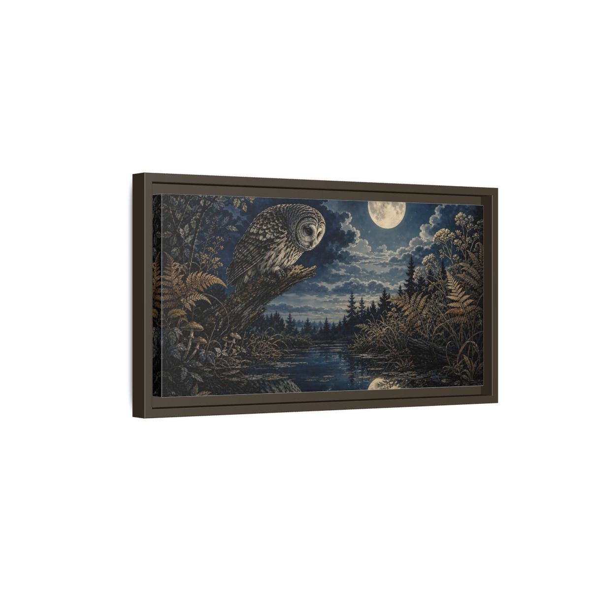 Side Mockup 7. Nature Owl Dark Blue Gold shown as stretched canvas wall art