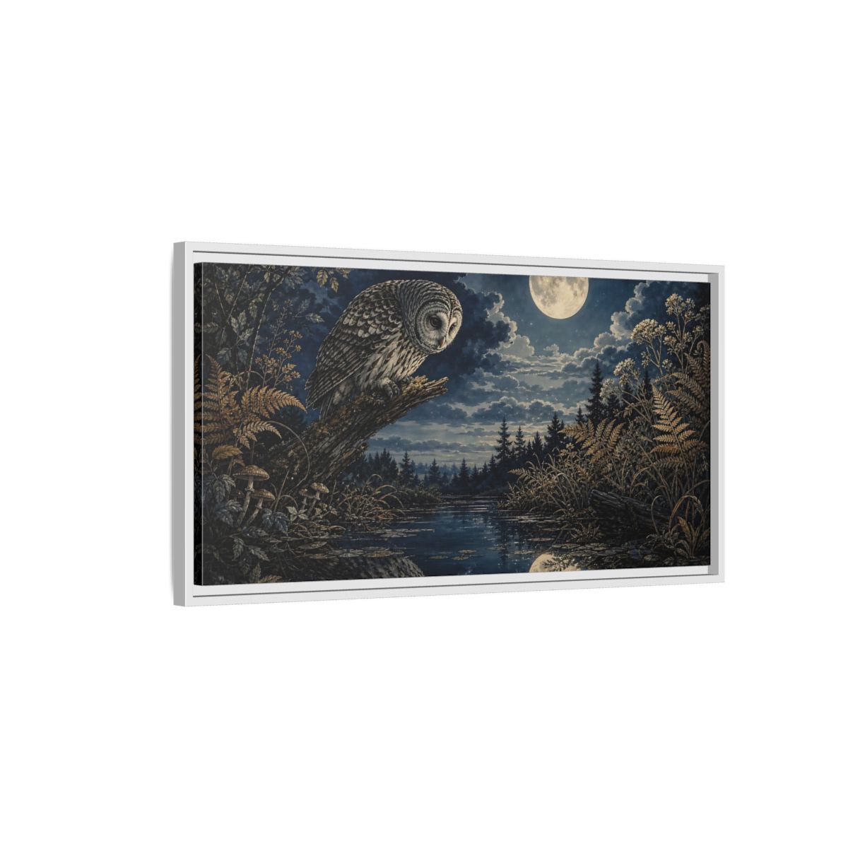 Side Mockup 1. Nature Owl Dark Blue Gold shown as stretched canvas wall art