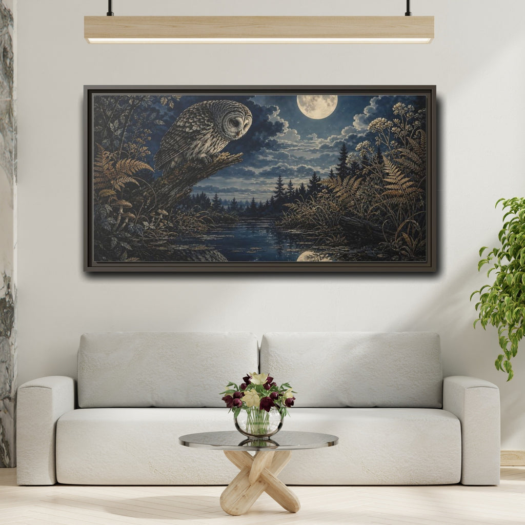 Mockup 2. Nature Owl Dark Blue Gold shown as stretched canvas wall art