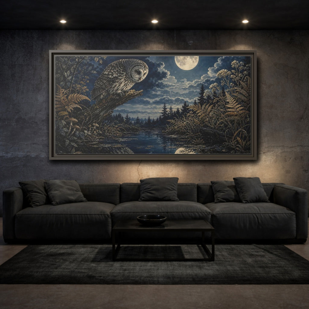 Mockup 3. Nature Owl Dark Blue Gold shown as stretched canvas wall art