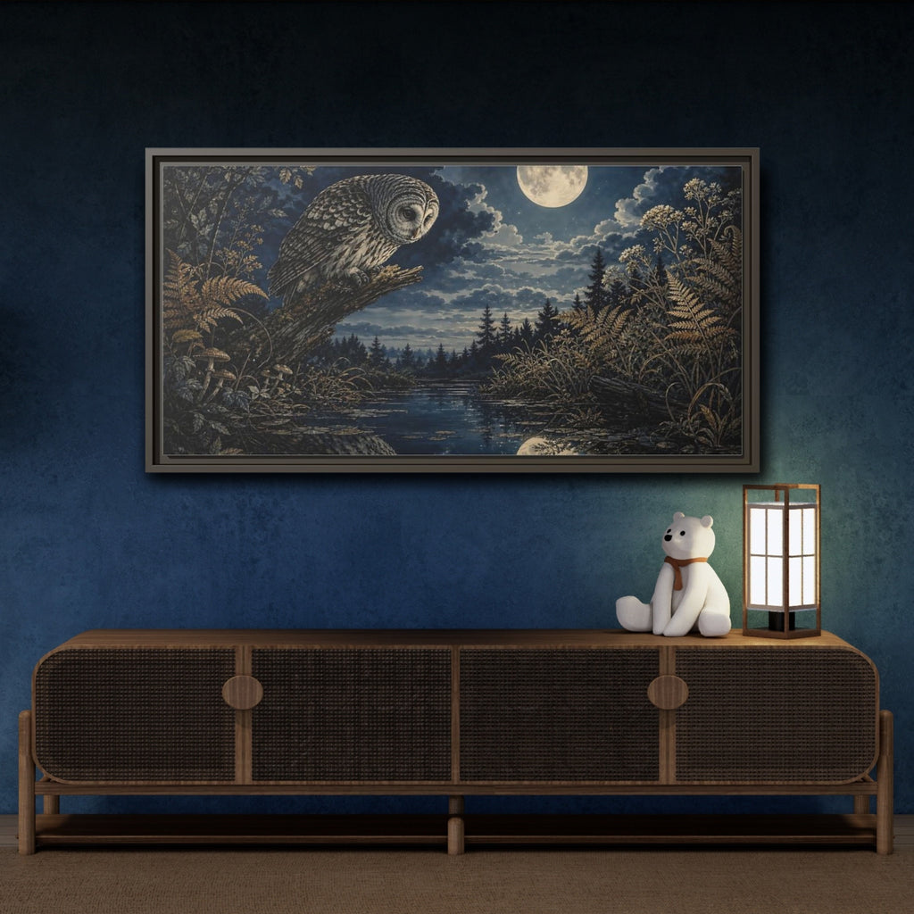Mockup 4. Nature Owl Dark Blue Gold shown as stretched canvas wall art