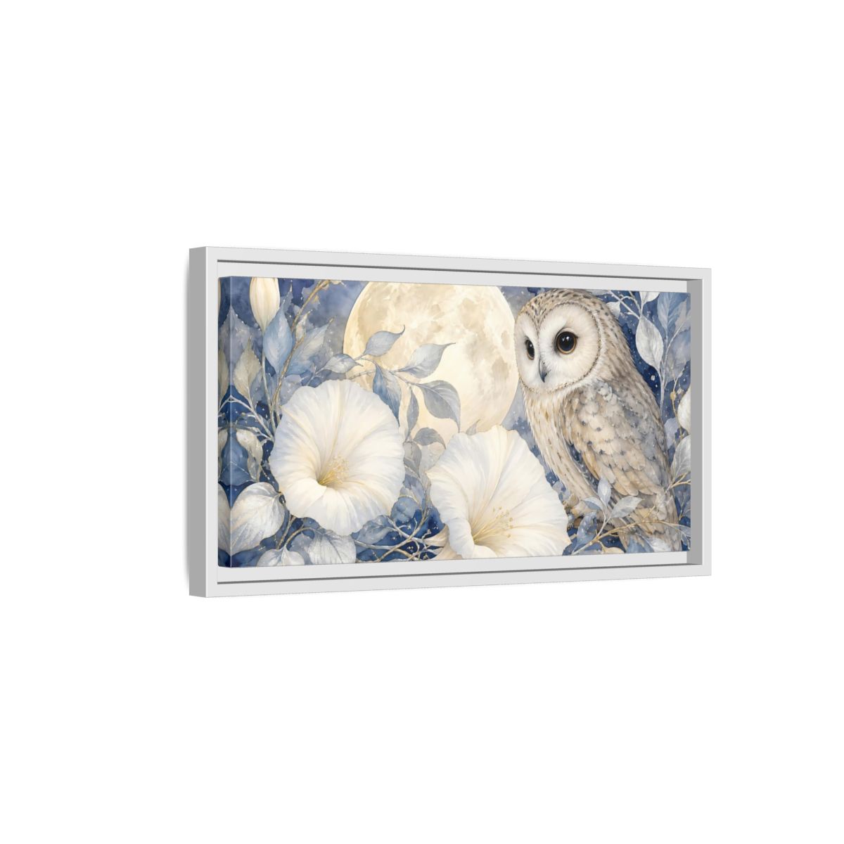 Side Mockup 6. Nature Owl White Blue Owl shown as stretched canvas wall art