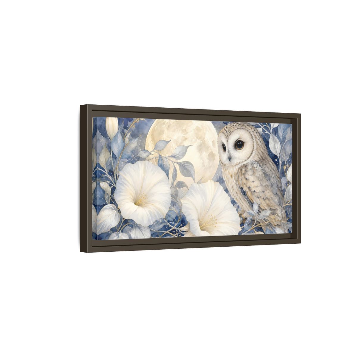 Side Mockup 7. Nature Owl White Blue Owl shown as stretched canvas wall art