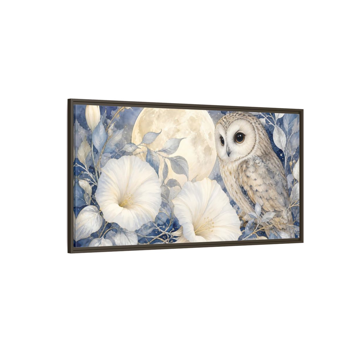 Side Mockup 4. Nature Owl White Blue Owl shown as stretched canvas wall art