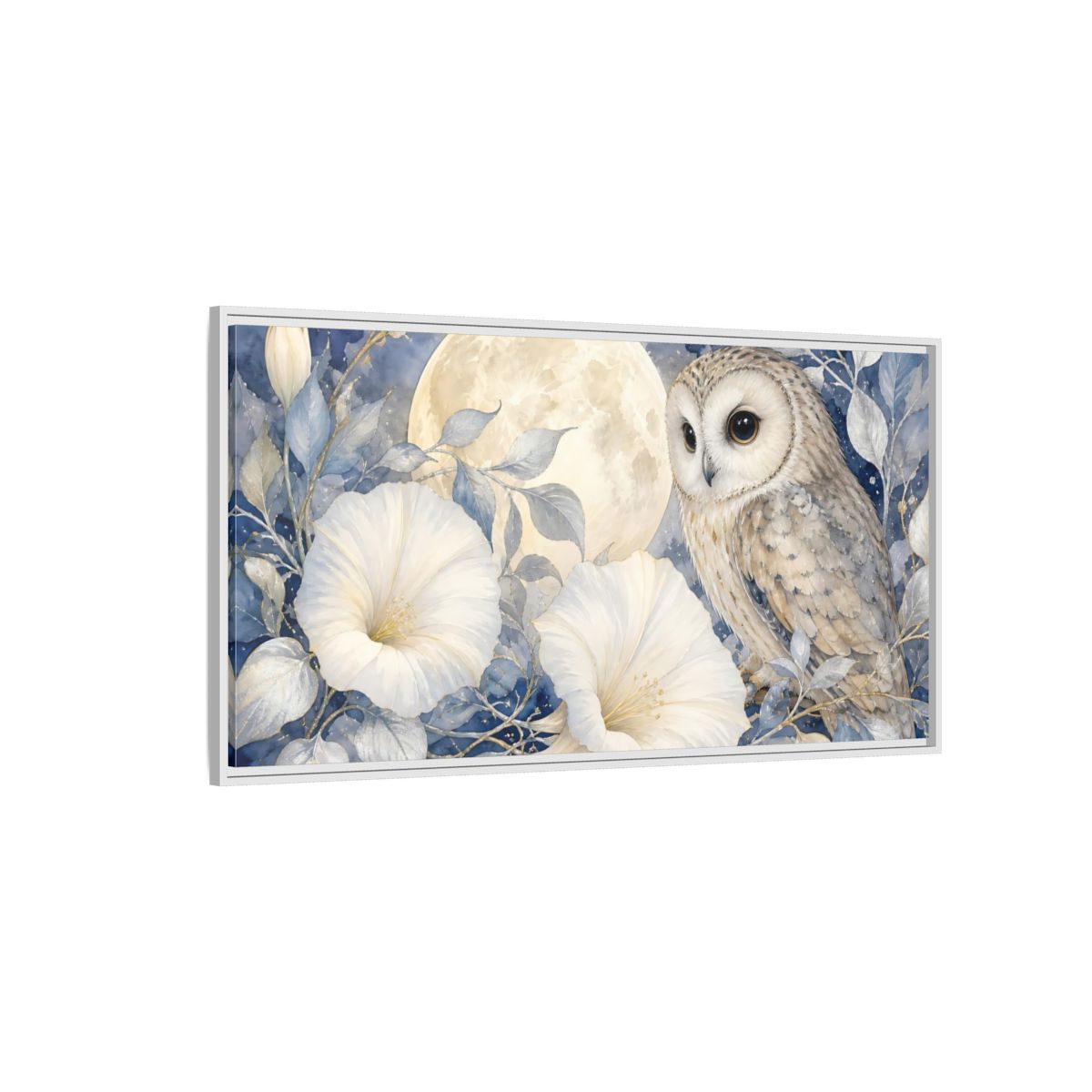 Side Mockup 3. Nature Owl White Blue Owl shown as stretched canvas wall art