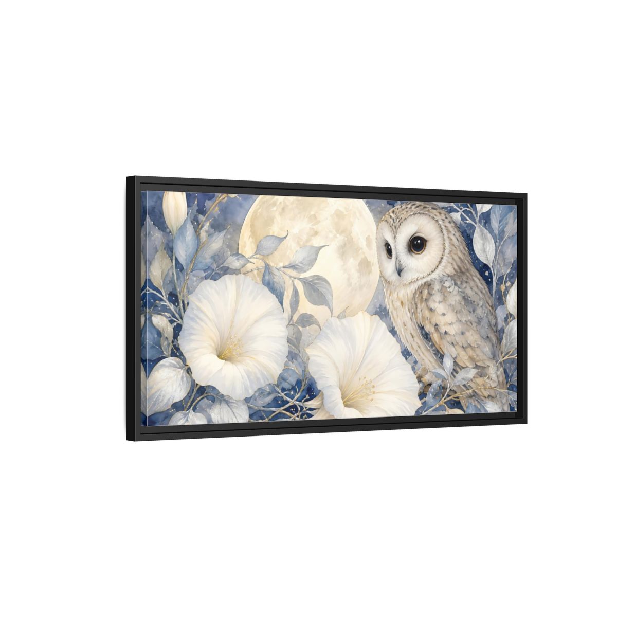 Side Mockup 2. Nature Owl White Blue Owl shown as stretched canvas wall art