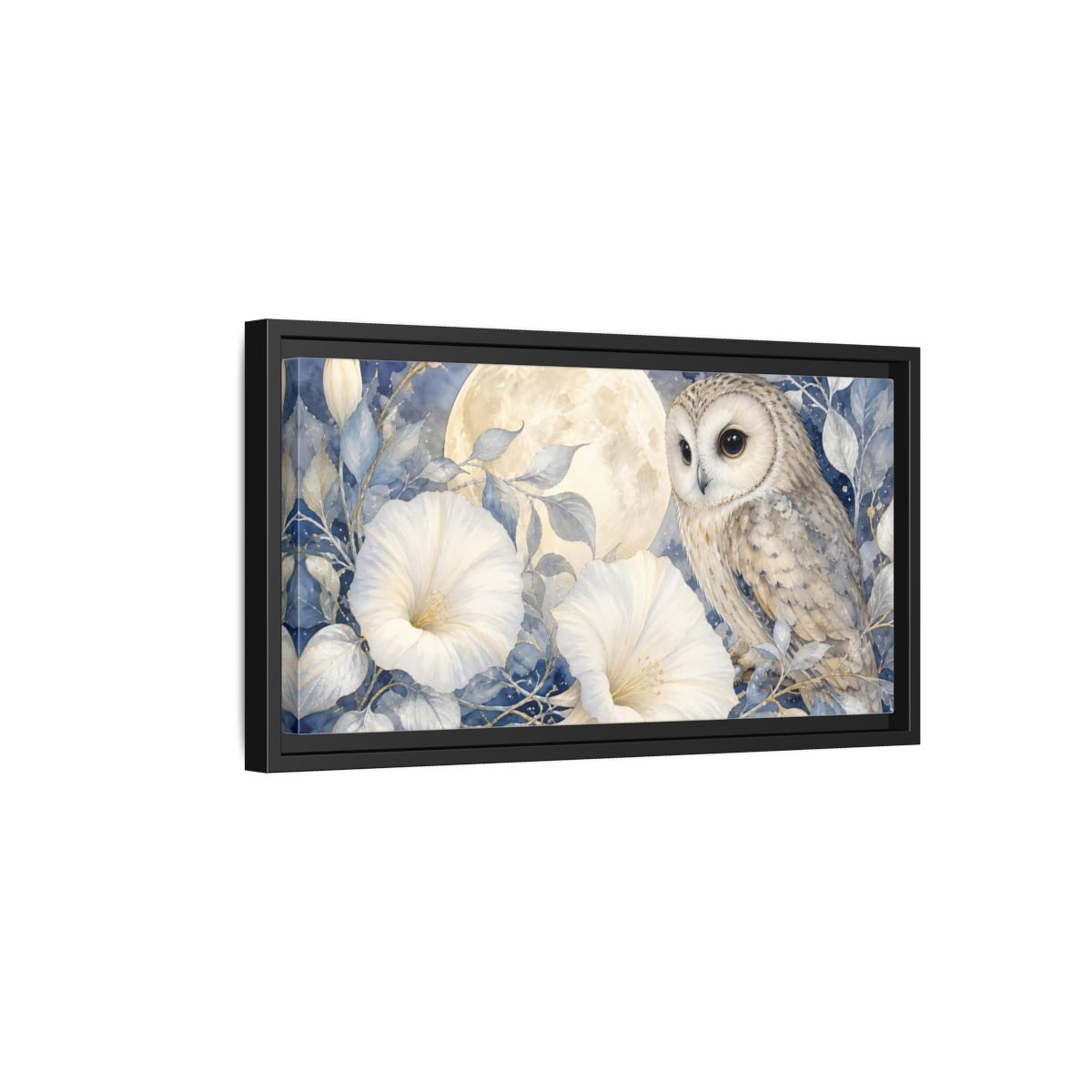 Side Mockup 8. Nature Owl White Blue Owl shown as stretched canvas wall art