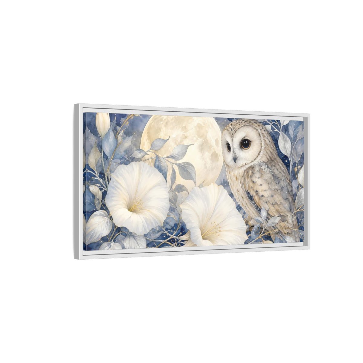 Side Mockup 1. Nature Owl White Blue Owl shown as stretched canvas wall art