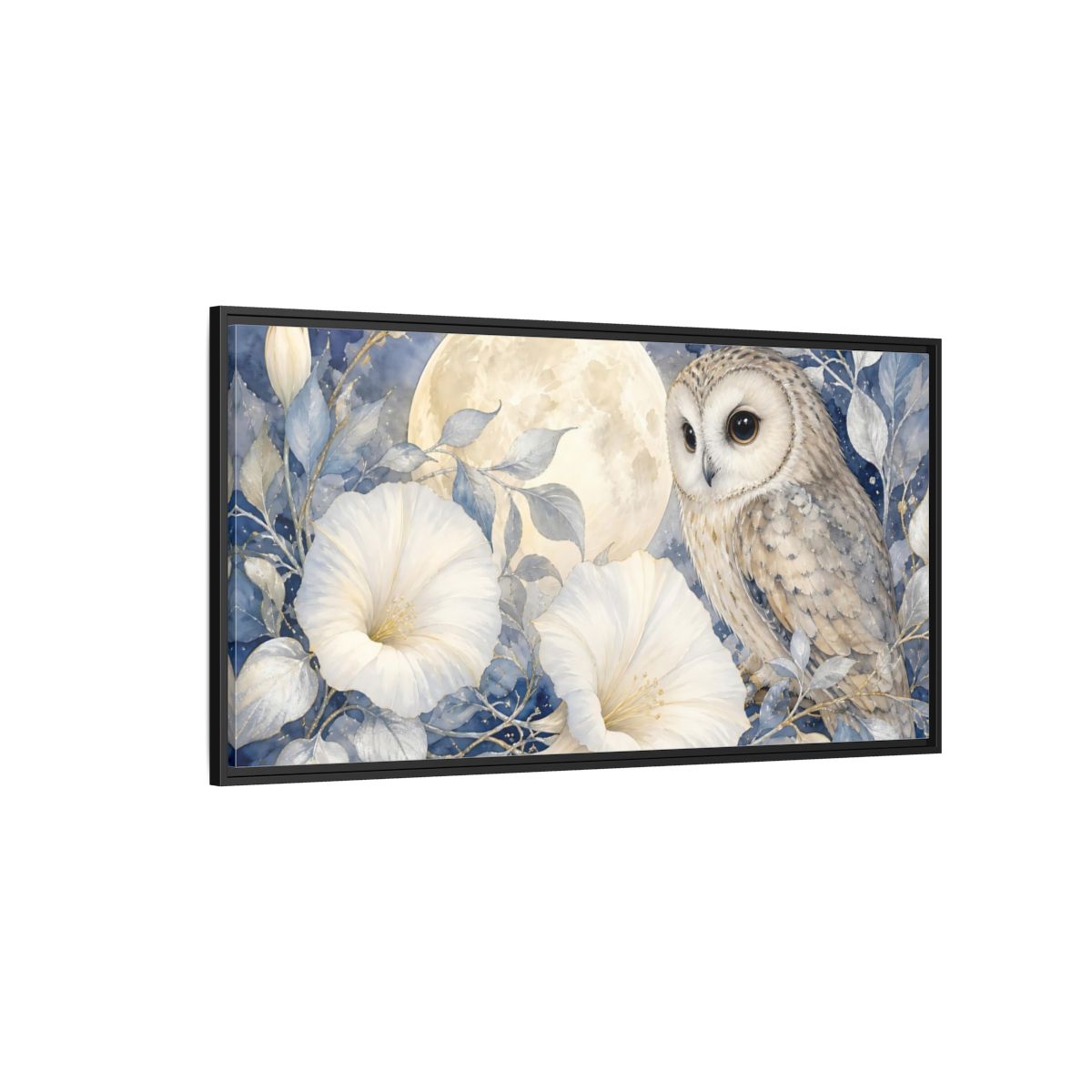 Side Mockup 5. Nature Owl White Blue Owl shown as stretched canvas wall art