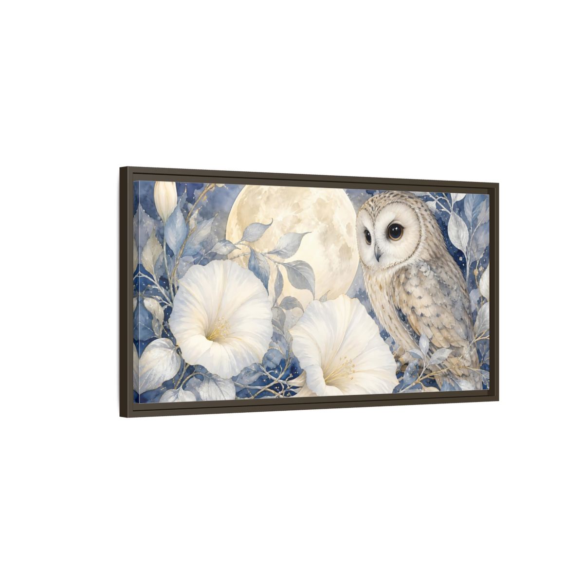Main Mockup. Nature Owl White Blue Owl shown as stretched canvas wall art