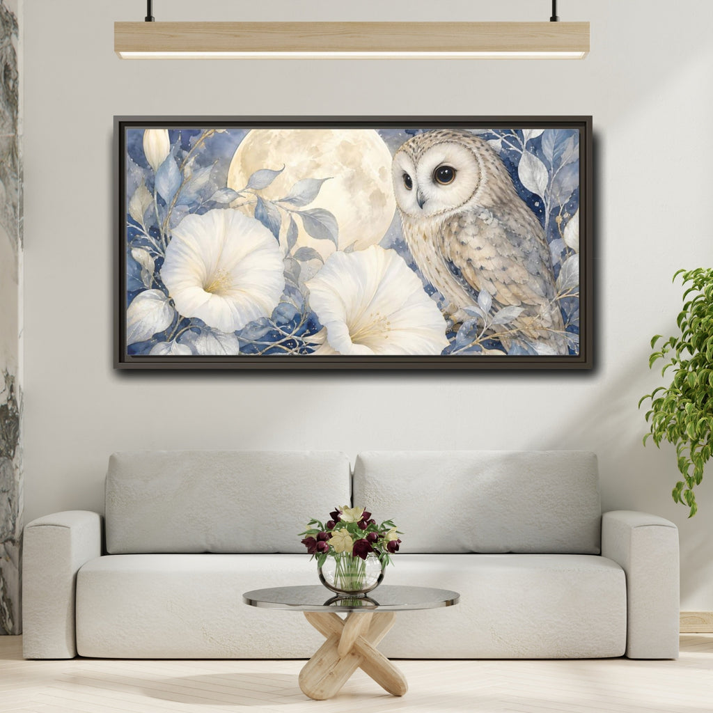 Mockup 2. Nature Owl White Blue Owl shown as stretched canvas wall art