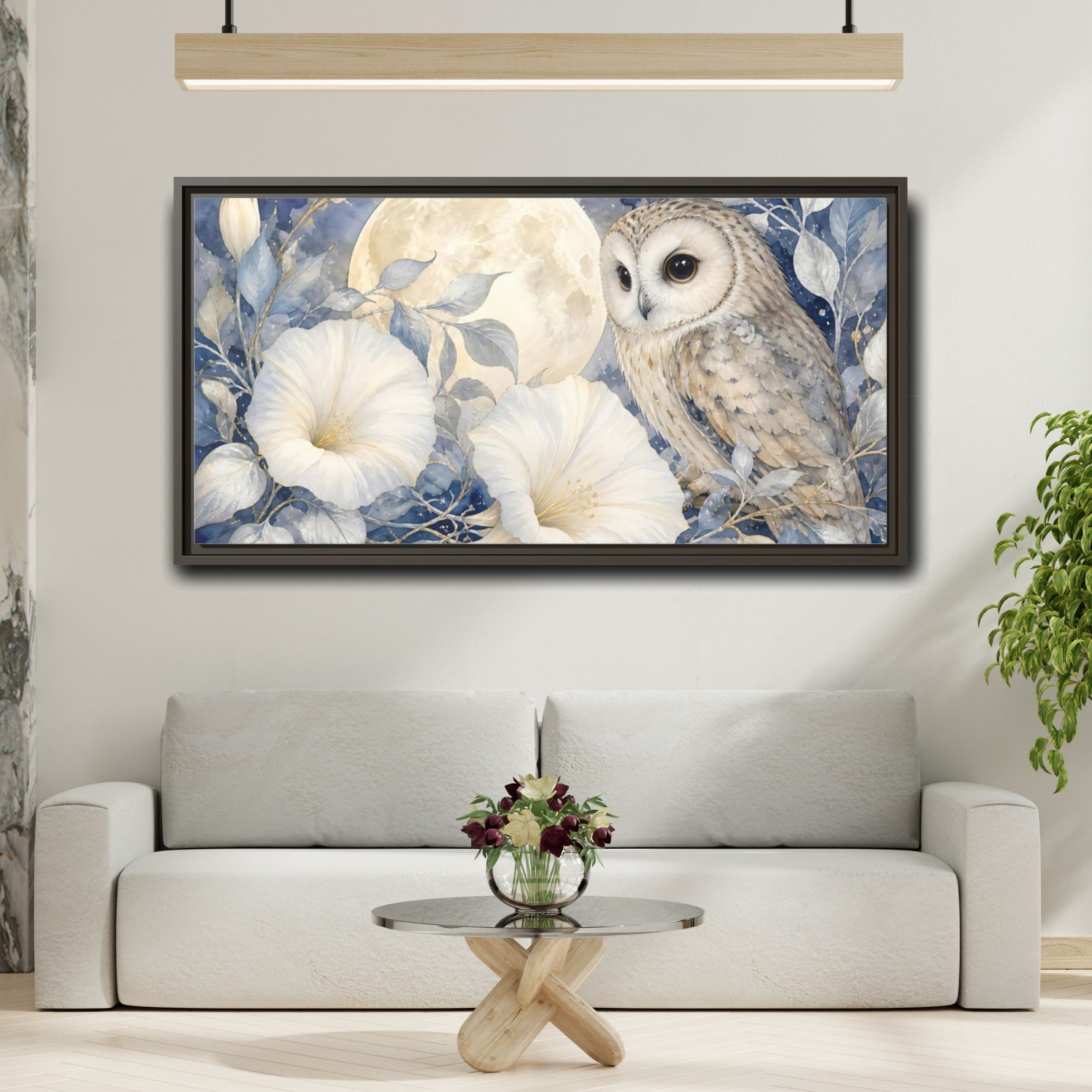 Mockup 2. Nature Owl White Blue Owl shown as stretched canvas wall art