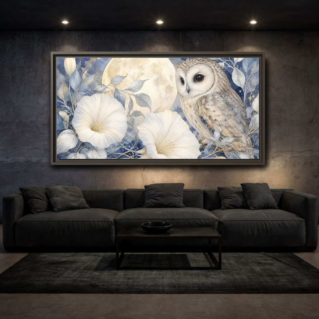 Mockup 3. Nature Owl White Blue Owl shown as stretched canvas wall art