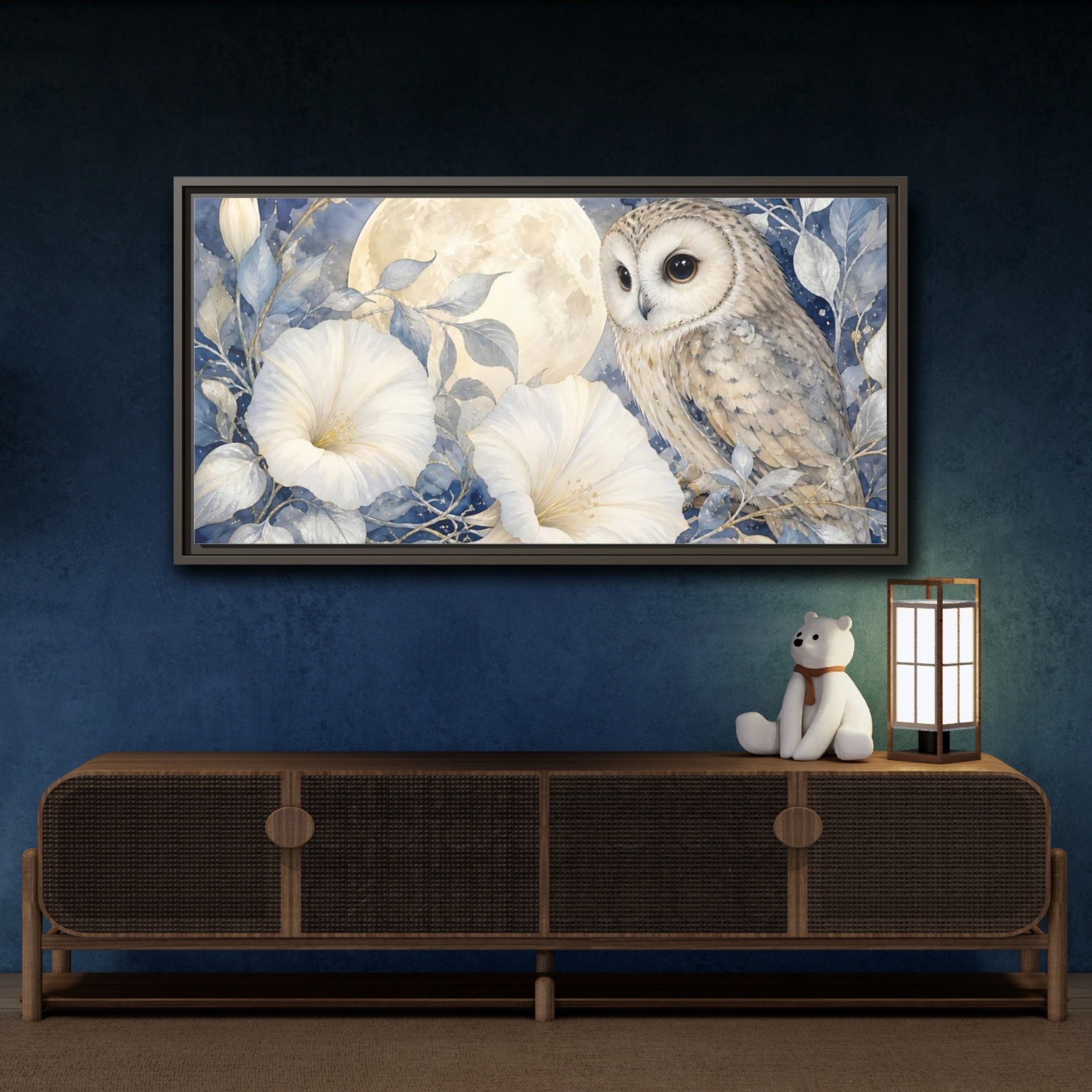 Mockup 4. Nature Owl White Blue Owl shown as stretched canvas wall art
