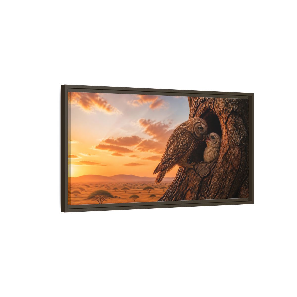 Main Mockup. Nature Owls Brown And Orange shown as stretched canvas wall art