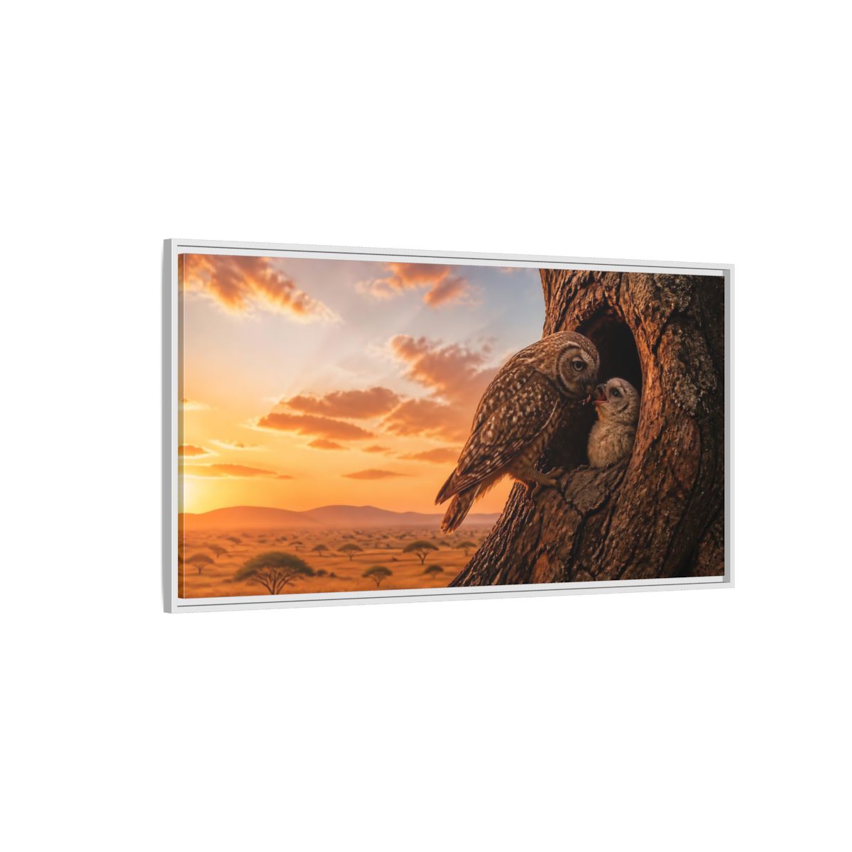 Side Mockup 3. Nature Owls Brown And Orange shown as stretched canvas wall art