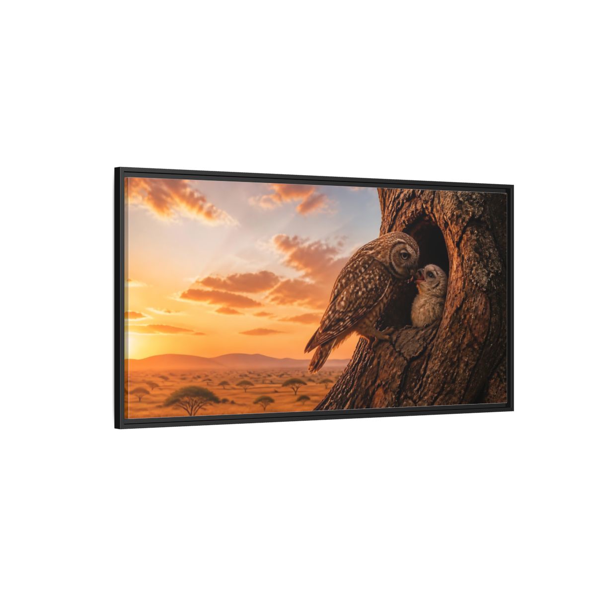 Side Mockup 5. Nature Owls Brown And Orange shown as stretched canvas wall art