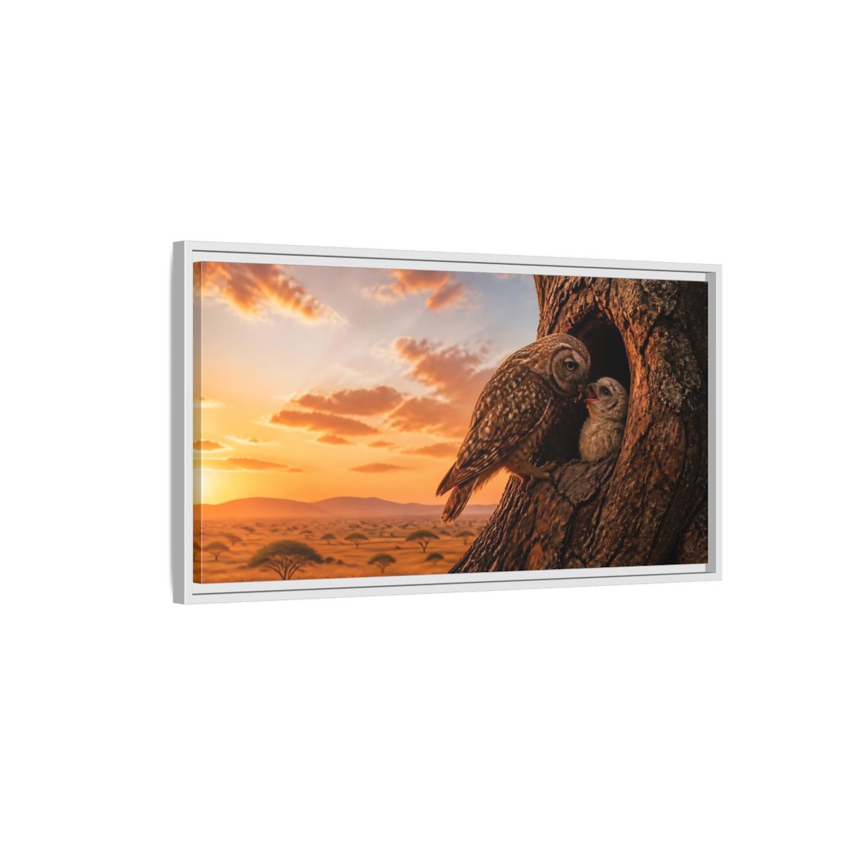 Side Mockup 1. Nature Owls Brown And Orange shown as stretched canvas wall art