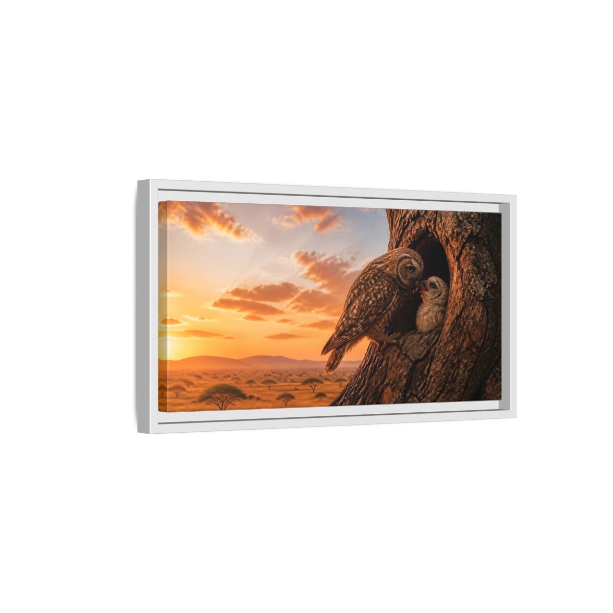 Side Mockup 6. Nature Owls Brown And Orange shown as stretched canvas wall art
