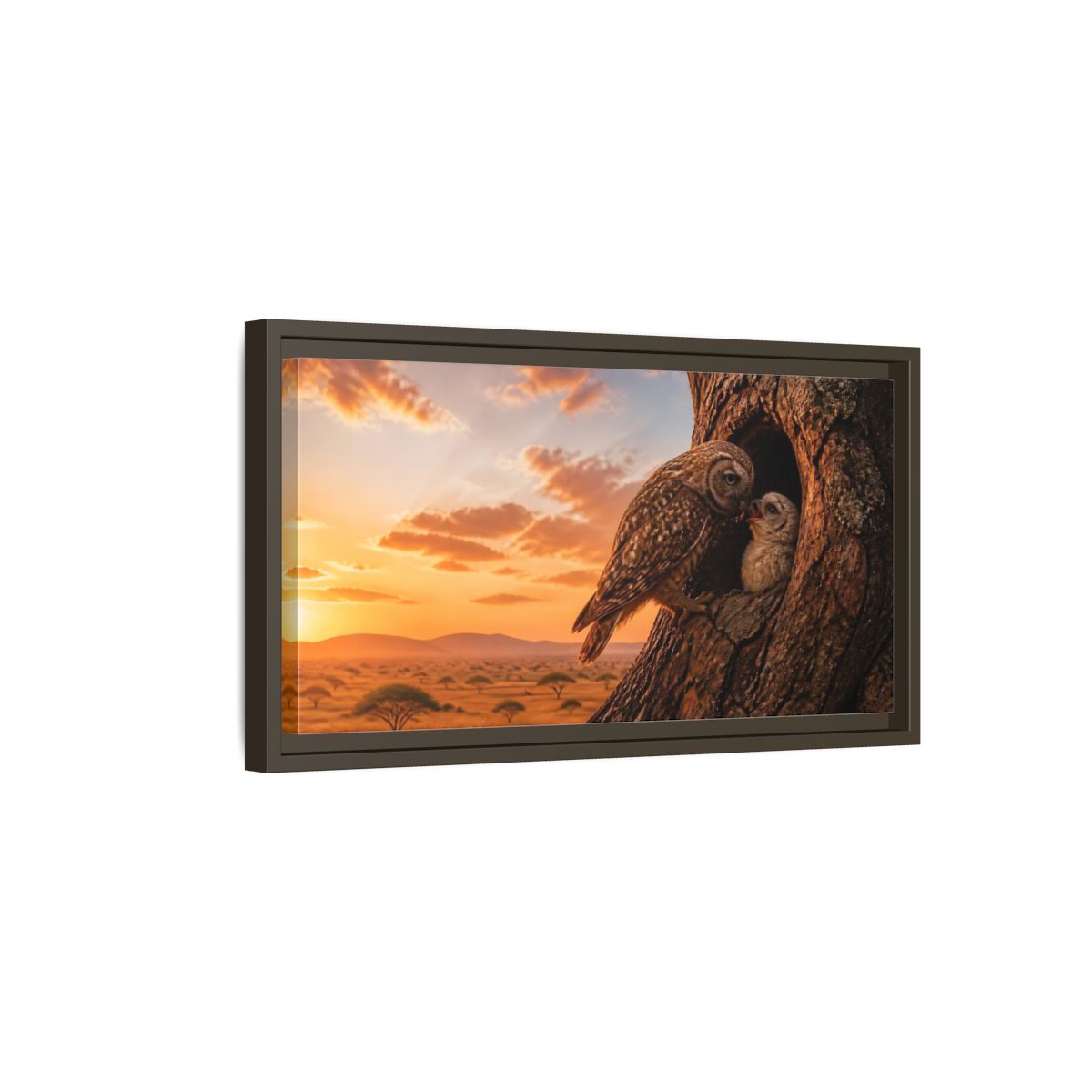 Side Mockup 7. Nature Owls Brown And Orange shown as stretched canvas wall art