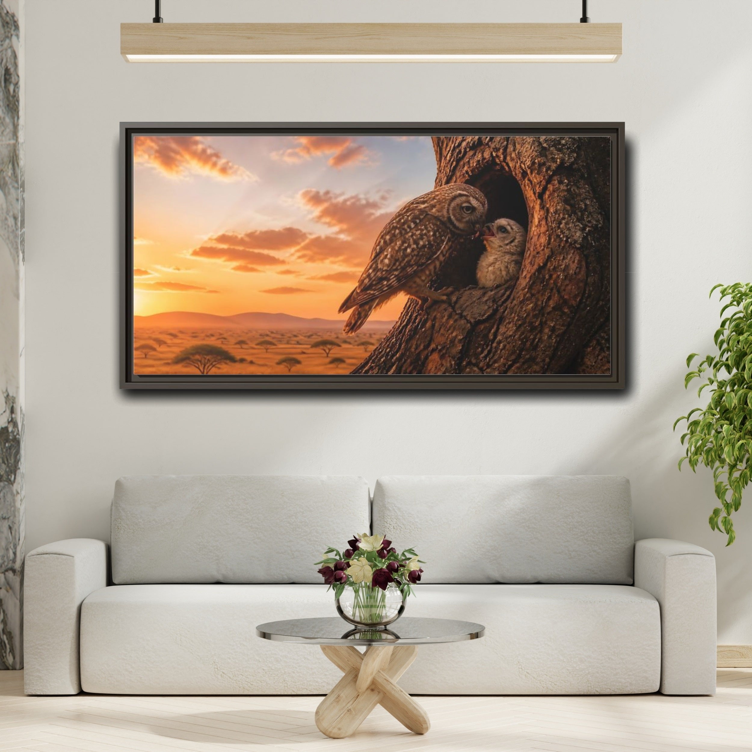 Mockup 2. Nature Owls Brown And Orange shown as stretched canvas wall art