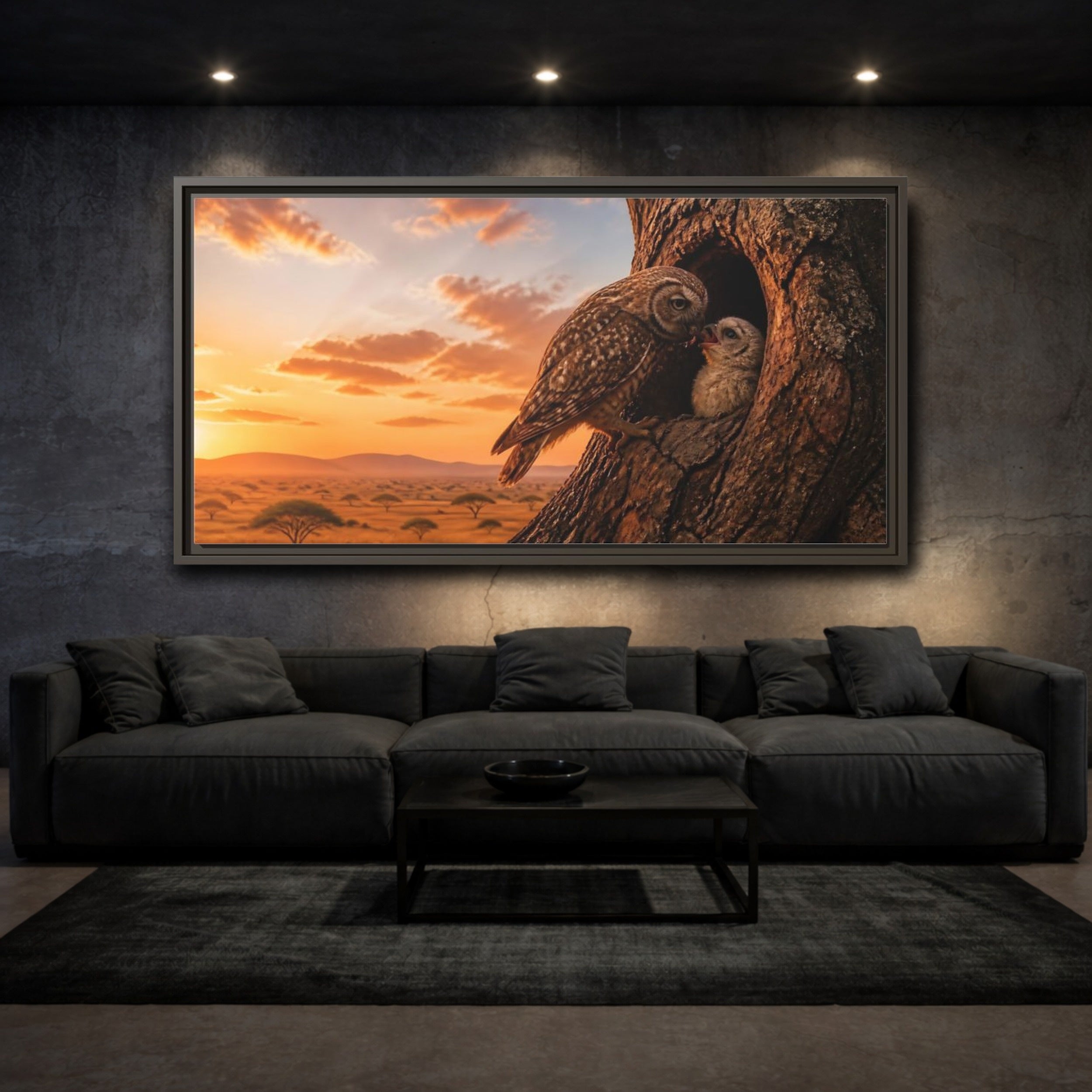 Mockup 3. Nature Owls Brown And Orange shown as stretched canvas wall art