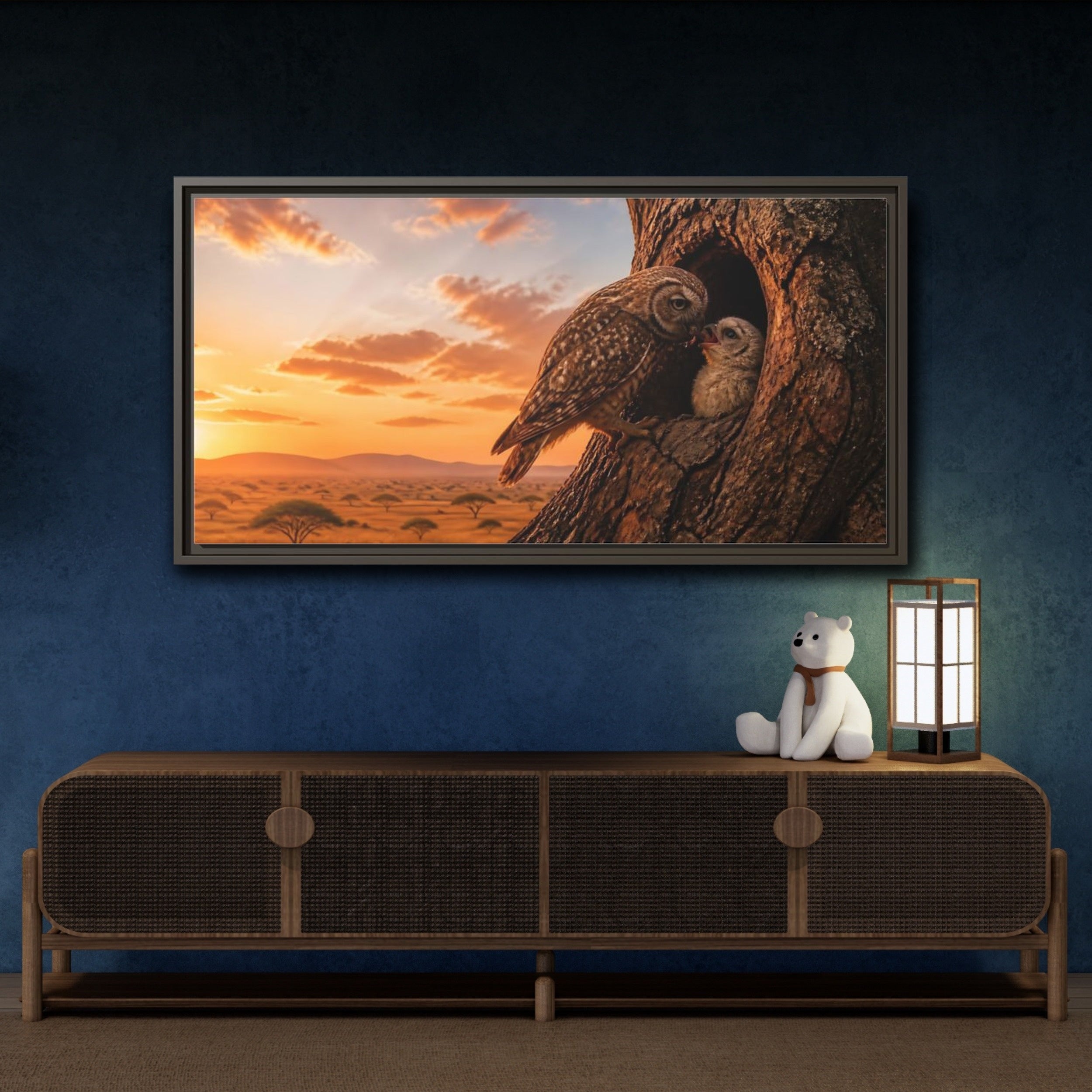 Mockup 4. Nature Owls Brown And Orange shown as stretched canvas wall art