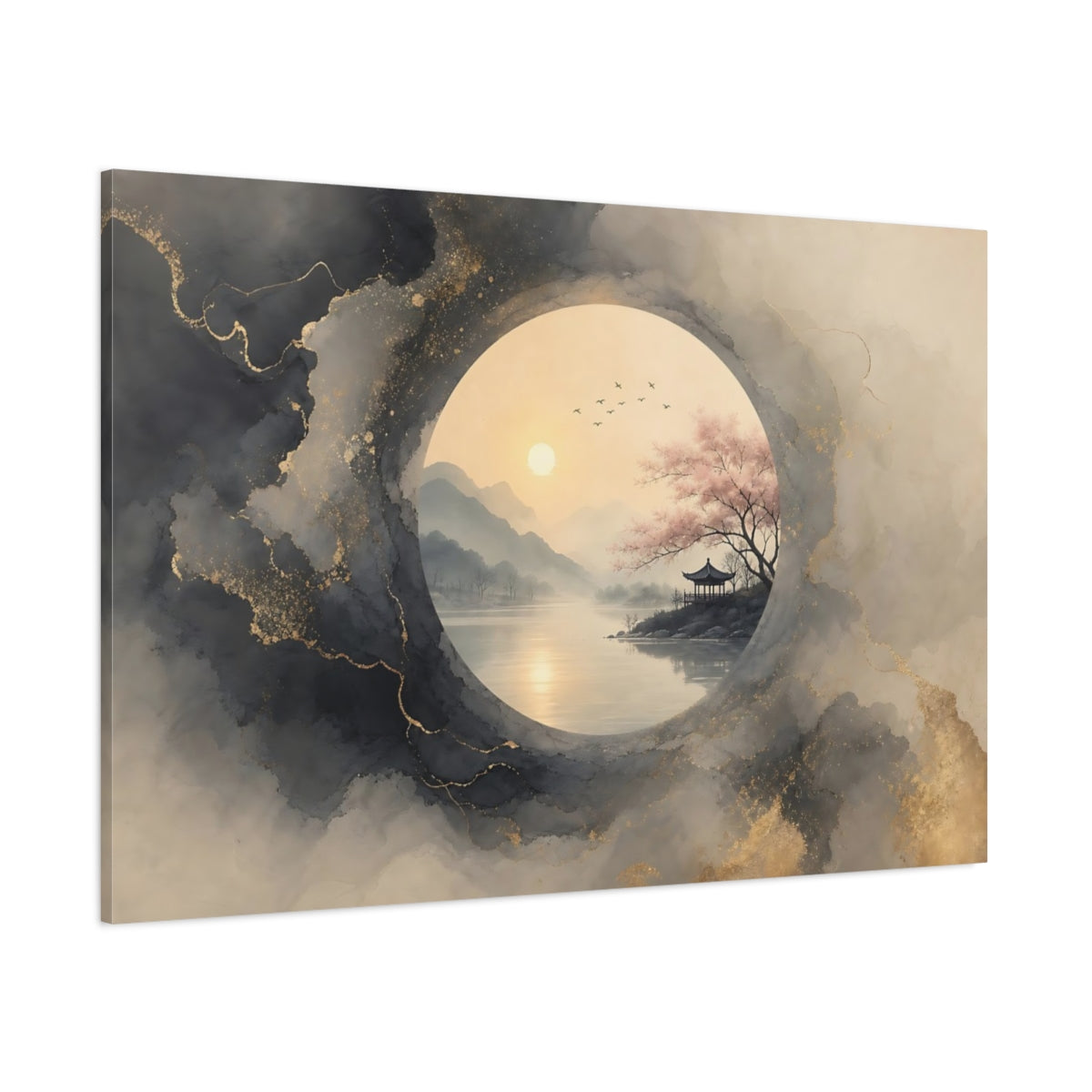 Side Mockup 1. Nature Pagoda Landscape Grey Gold Asian Landscape shown as stretched canvas wall art