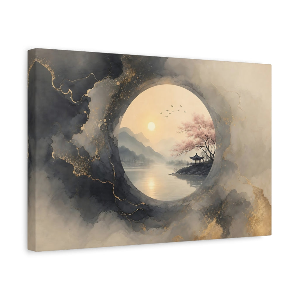 Side Mockup 4. Nature Pagoda Landscape Grey Gold Asian Landscape shown as stretched canvas wall art
