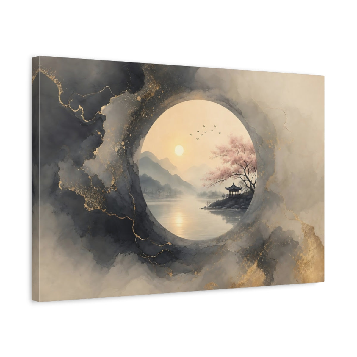 Side Mockup 3. Nature Pagoda Landscape Grey Gold Asian Landscape shown as stretched canvas wall art