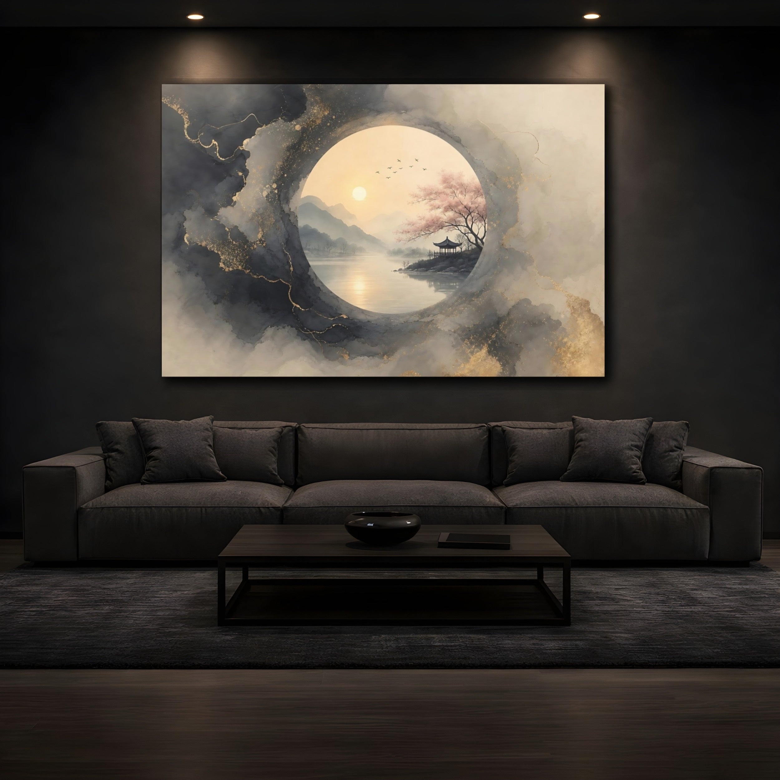 Mockup 3. Nature Pagoda Landscape Grey Gold Asian Landscape shown as stretched canvas wall art