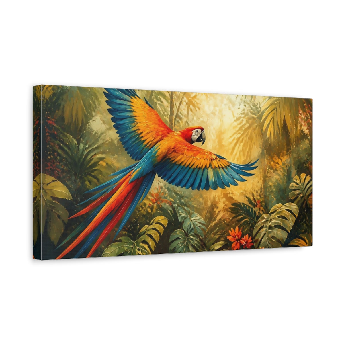 Side Mockup 3. Nature Parrot Vibrant Parrot shown as stretched canvas wall art