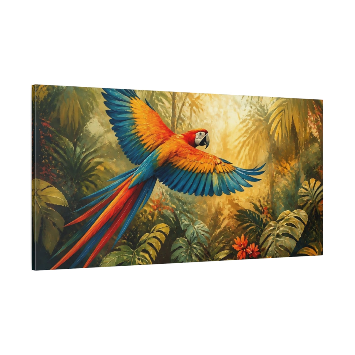 Side Mockup 2. Nature Parrot Vibrant Parrot shown as stretched canvas wall art