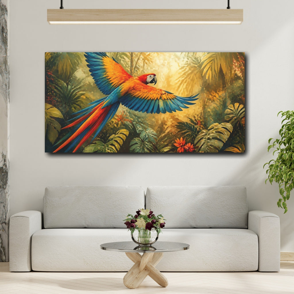Mockup 2. Nature Parrot Vibrant Parrot shown as stretched canvas wall art