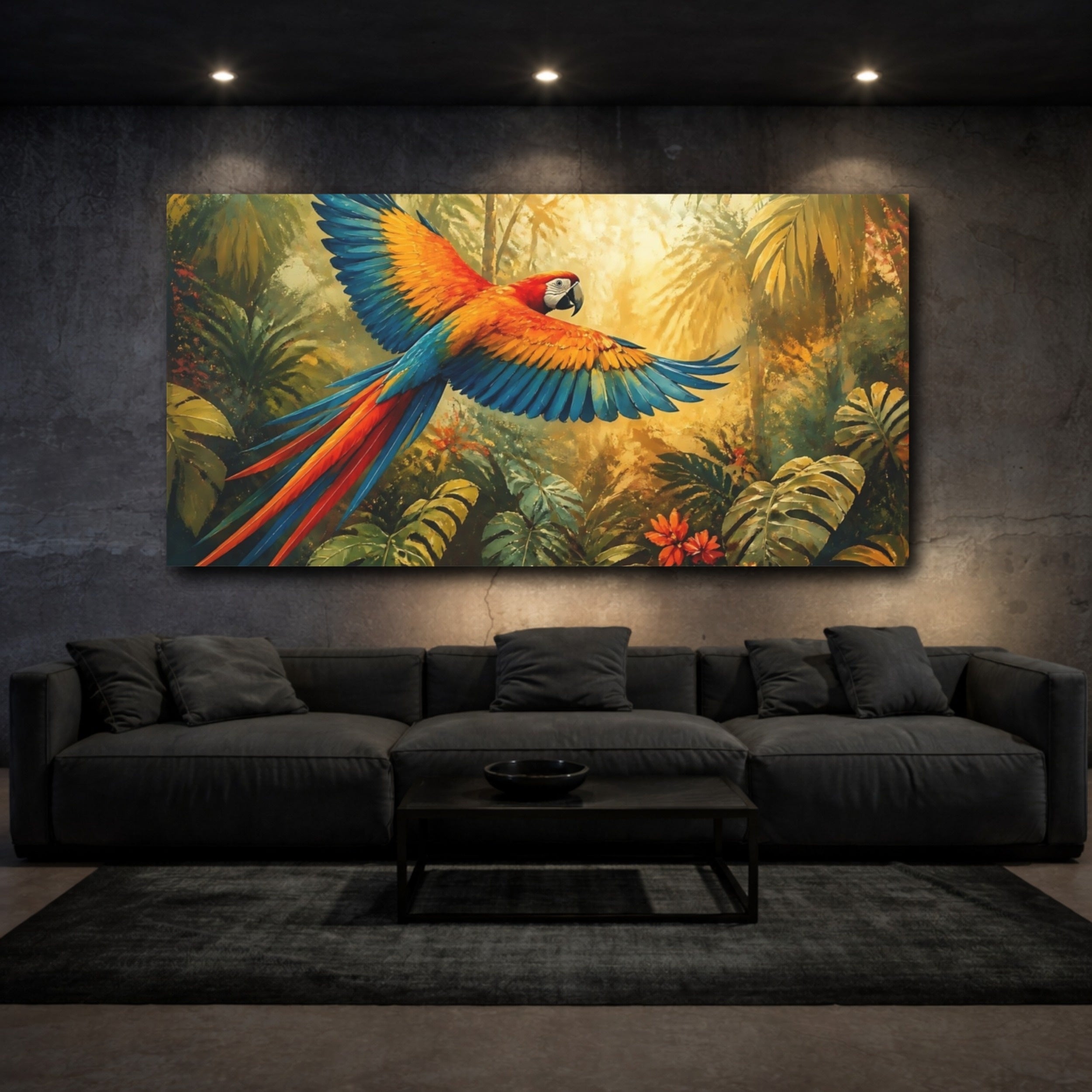 Mockup 3. Nature Parrot Vibrant Parrot shown as stretched canvas wall art