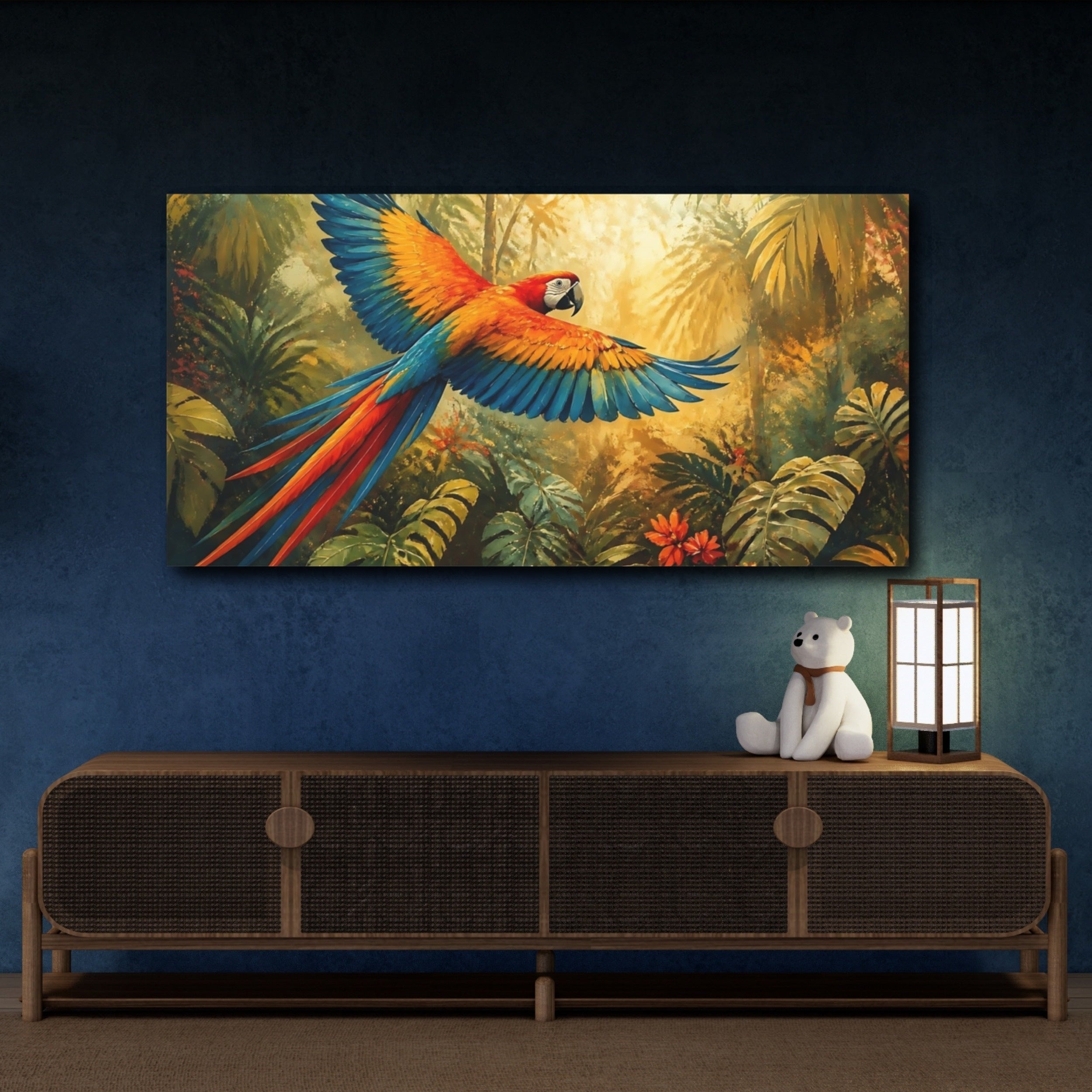 Mockup 4. Nature Parrot Vibrant Parrot shown as stretched canvas wall art