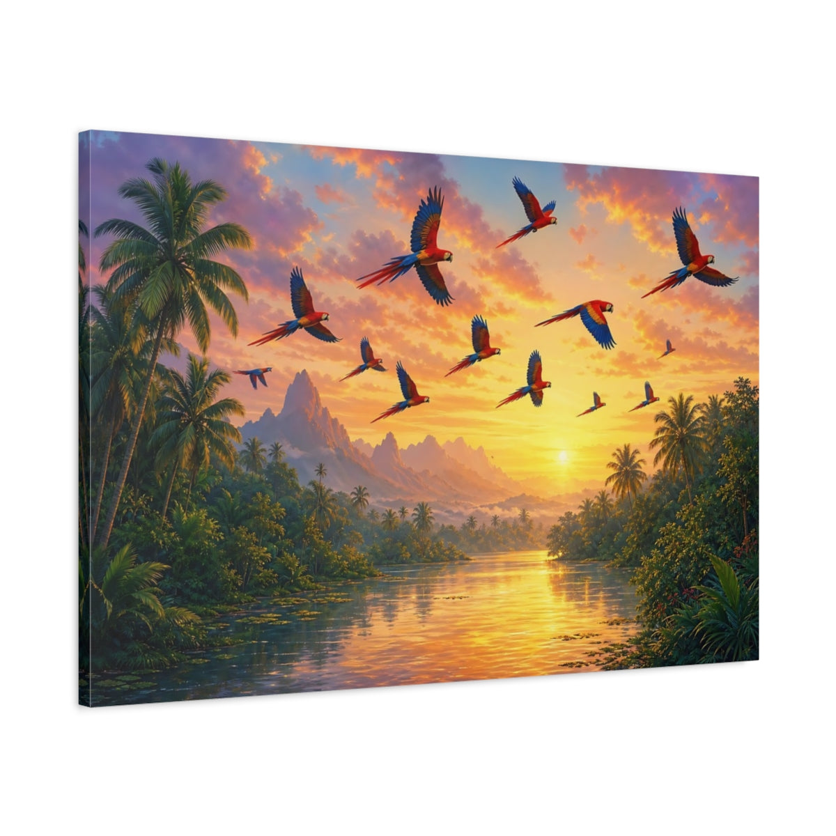 Main Mockup. Nature Parrots Tropical Sunset shown as canvas print