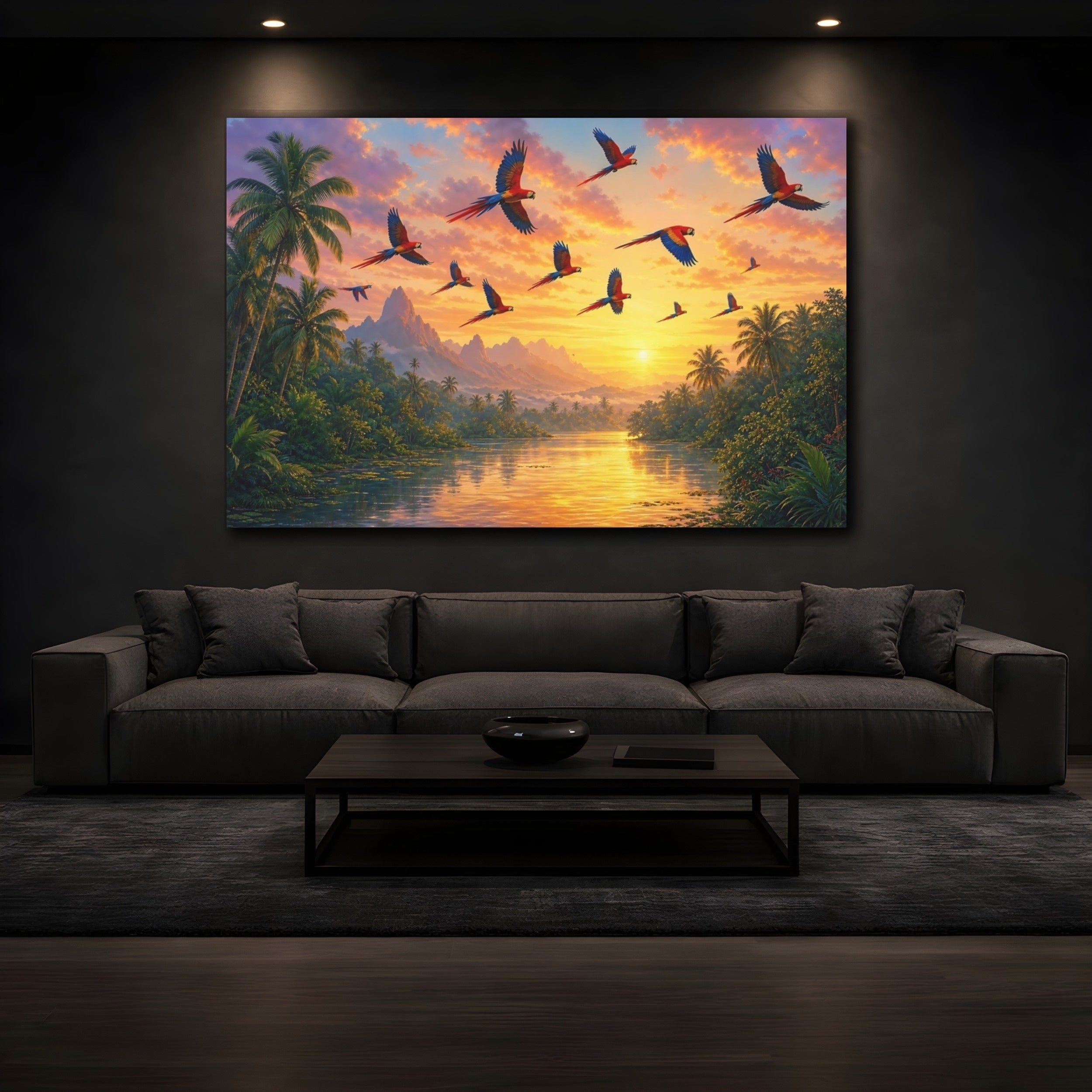 Mockup 3. Nature Parrots Tropical Sunset shown as canvas print
