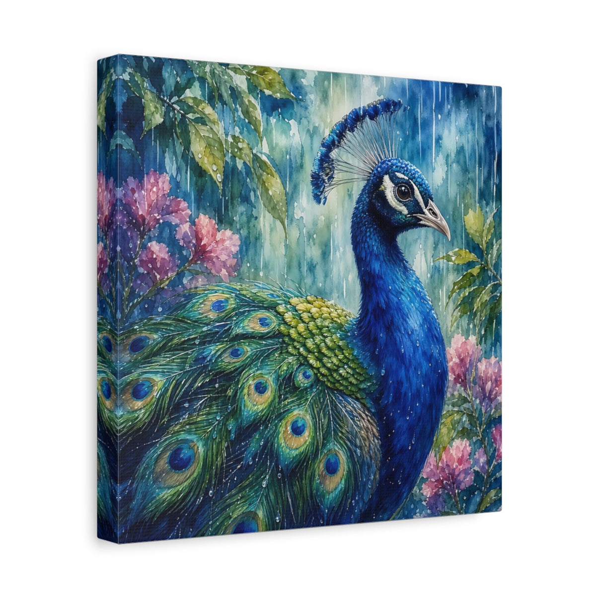 Side Mockup 8. Nature Peacock Blue Peacock shown as stretched canvas wall art