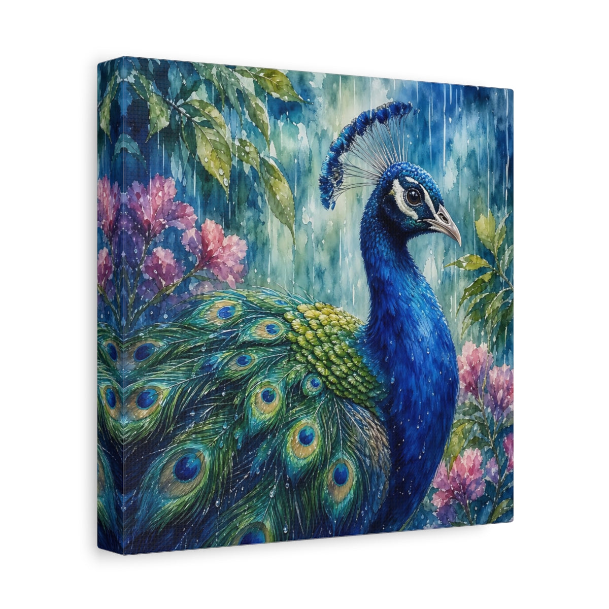 Side Mockup 9. Nature Peacock Blue Peacock shown as stretched canvas wall art