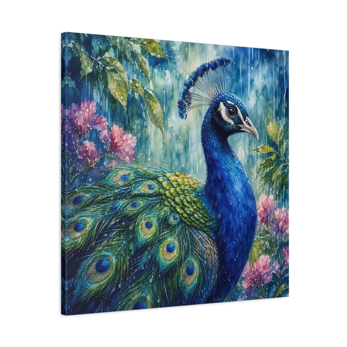 Side Mockup 3. Nature Peacock Blue Peacock shown as stretched canvas wall art