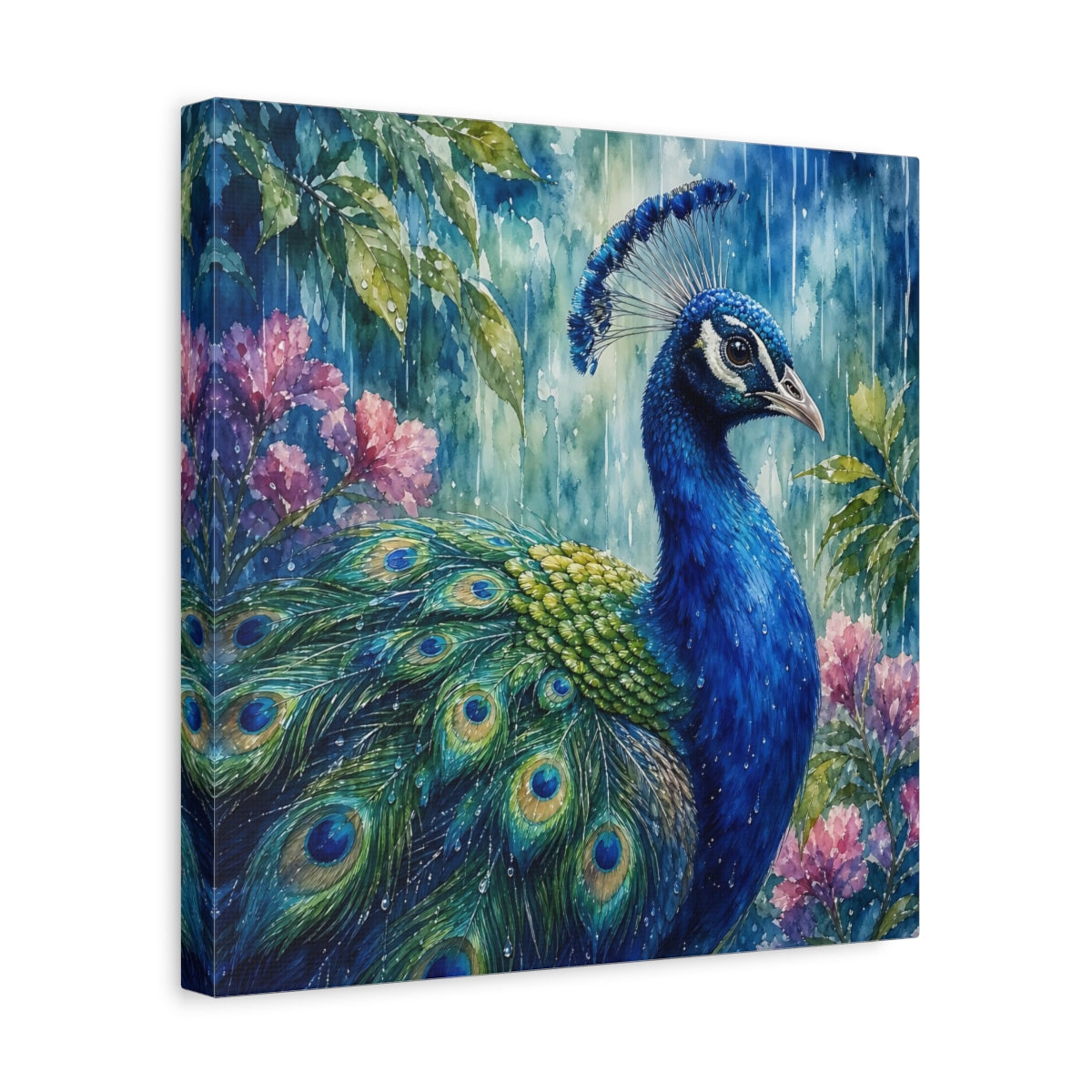 Side Mockup 7. Nature Peacock Blue Peacock shown as stretched canvas wall art