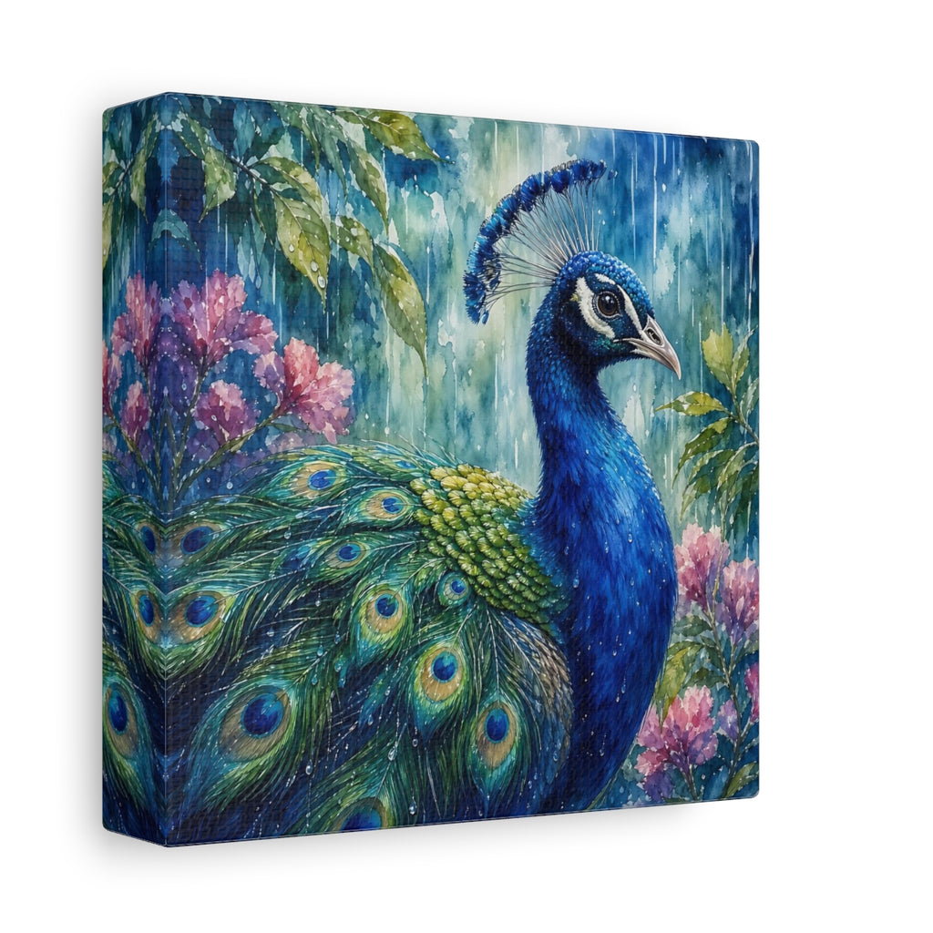 Side Mockup 2. Nature Peacock Blue Peacock shown as stretched canvas wall art
