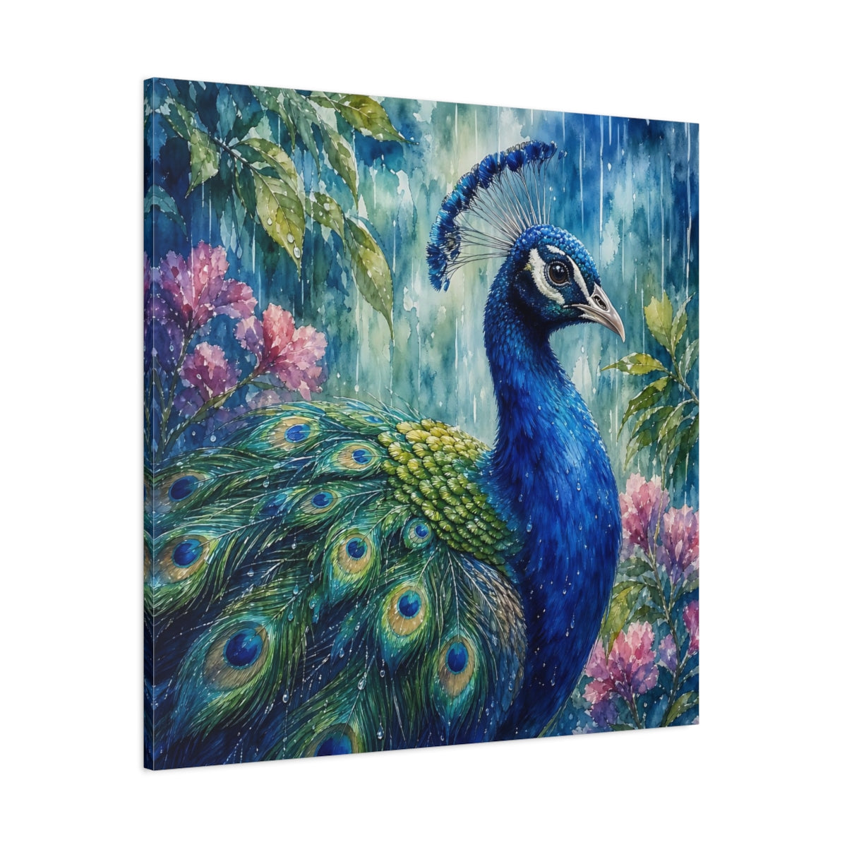 Side Mockup 1. Nature Peacock Blue Peacock shown as stretched canvas wall art