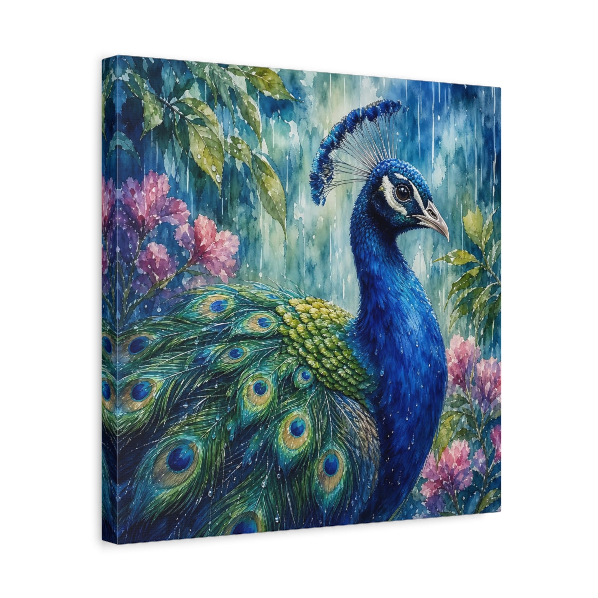 Side Mockup 6. Nature Peacock Blue Peacock shown as stretched canvas wall art