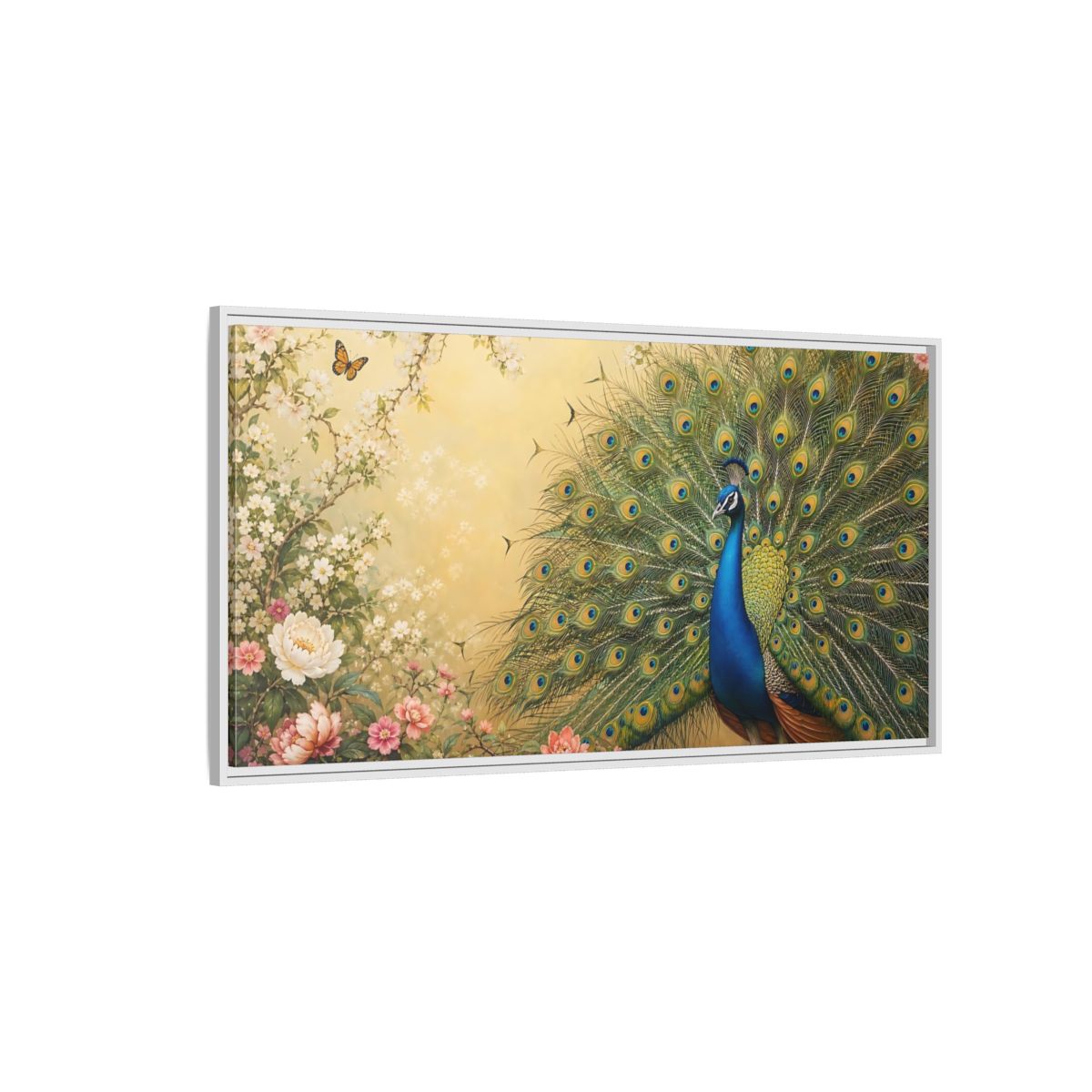 Side Mockup 3. Nature Peacock Blue Peacock shown as stretched canvas wall art