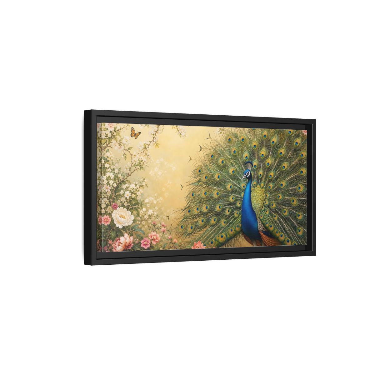 Side Mockup 8. Nature Peacock Blue Peacock shown as stretched canvas wall art