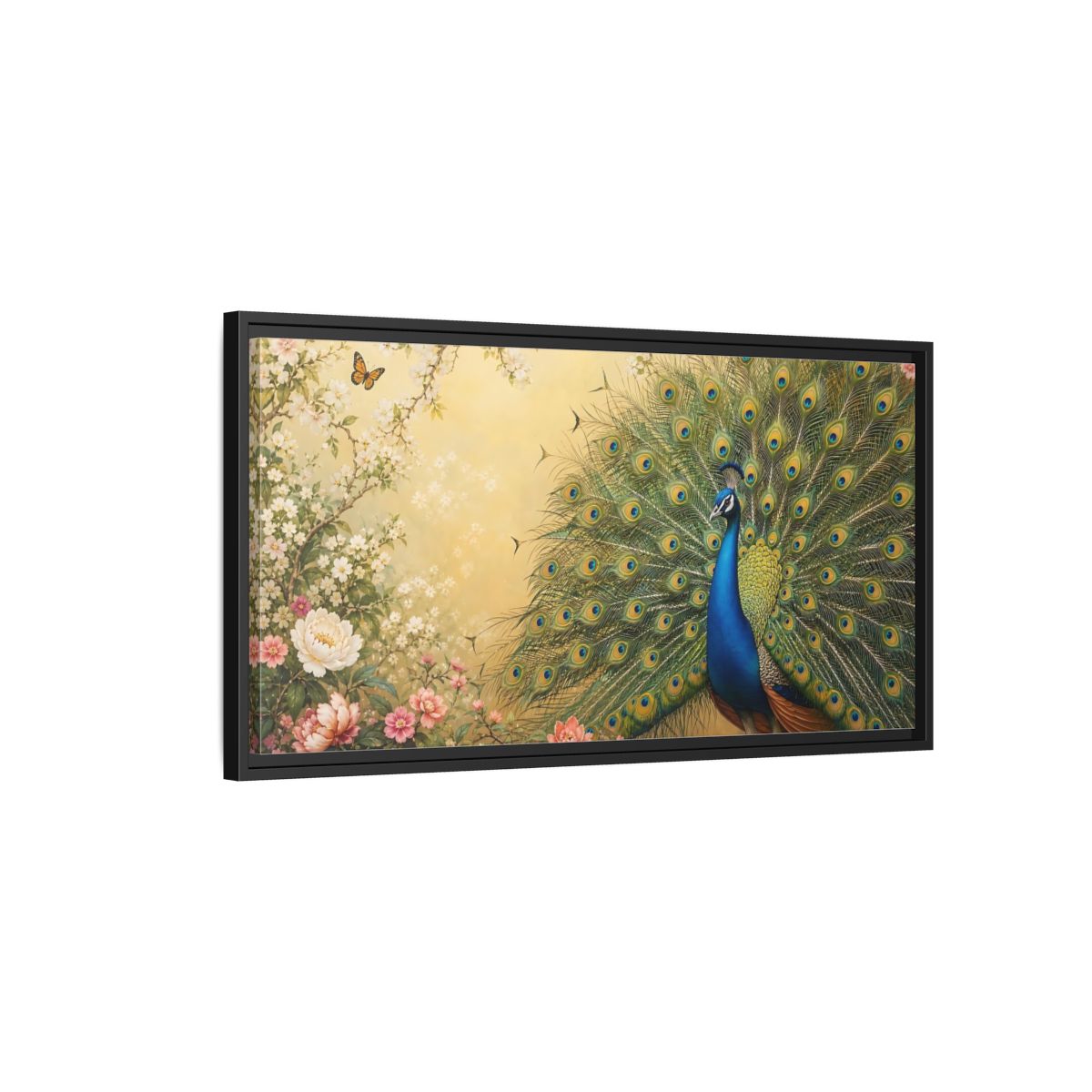 Side Mockup 2. Nature Peacock Blue Peacock shown as stretched canvas wall art