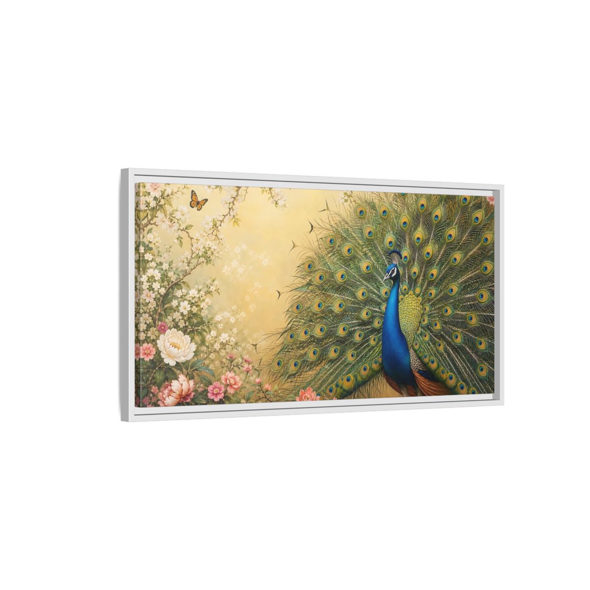 Side Mockup 1. Nature Peacock Blue Peacock shown as stretched canvas wall art